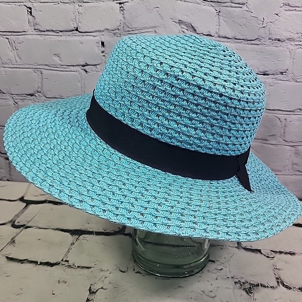 Vintage Mr Buho Womens Hat Blue Straw Panama Derby Wide Brim Sun Hat - Picture 2 of 7